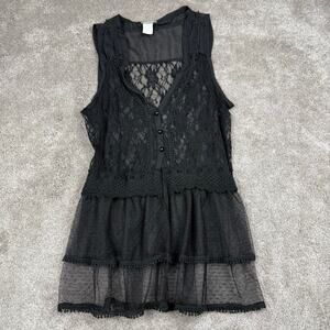 Black Lace Tiered Sheer Tunic Size M Deep V-Neck Top Romantic Goth Pretty Good